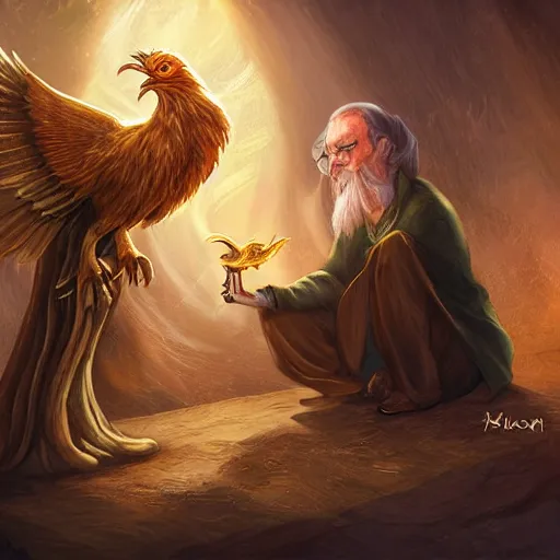 Prompt: a wizard and his phoenix familiar in a magical workshop, fantasy, digital art