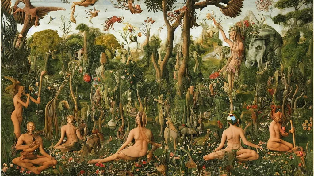 Prompt: a photograph of a meditating centaur shaman and a harpy mermaid feeding animals. surrounded by bulbous flowers and a few trees and wild animals. river delta with mountains under a blue sky full of burning stars and birds. painted by jan van eyck, max ernst, ernst haeckel, ernst fuchs and artgerm. trending on artstation