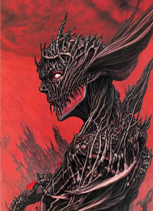 Prompt: a side view of chthonic female demon with black veins and white wings an blood on arms, on background red lake on fire, highly detailed, art by Ayami Kojima, Beksinski, Giger