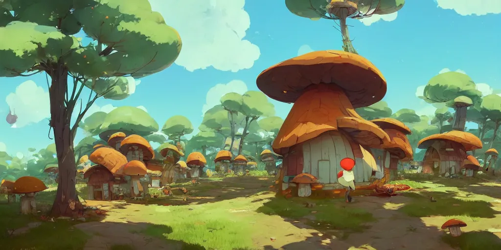 Prompt: mushroom houses in mushroom village by cory loftis & akihiko yoshida & james gilleard & atey ghailan & makoto shinkai & goro fujita & studio ghibli, rim light, exquisite lighting, clear focus, very coherent, plain background, soft painting, photorealistic, unreal engine 5, 4 k