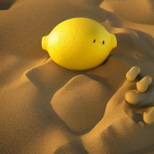 Image similar to a lemon in shape of a human with legs of lemons and round body, arms of lemons, it's relaxing on a beach, volumetric light