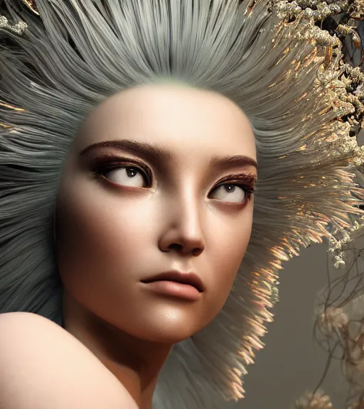 Image similar to beauteous practical sumptuous biomechanical with incredible hair, projected ray traced oled retinal overlays, crystalline masterpiece incrustations, hyperdetailed face, elegant pose, movie still, intricate, octane render, cinematic forest lighting, cgsociety, unreal engine, crepuscular rays, god rays