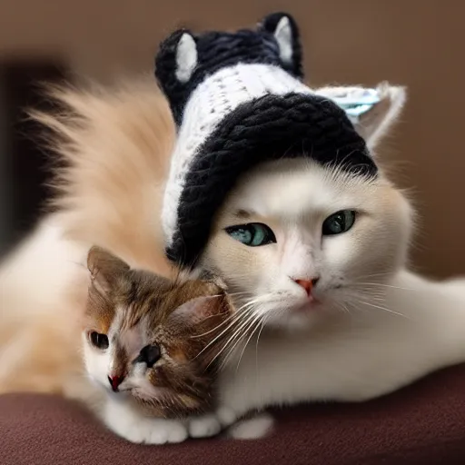 Prompt: cute cat with tongue mlem licking photo wearing wool hat doing mlem cat ears