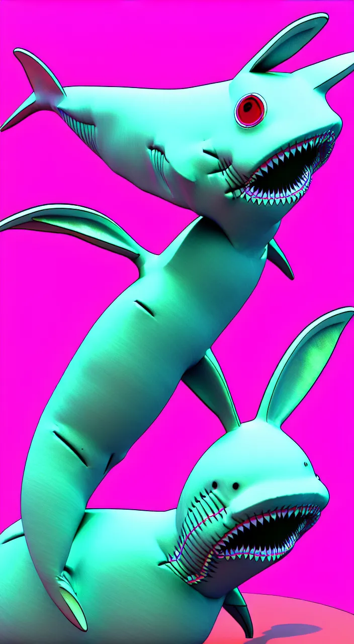 Image similar to a detailed 3d render of a bunny disguised as a shark in the style of junji ito and moebius, rainbow color scheme, ornate, photosynthetic,8k,award winning art,