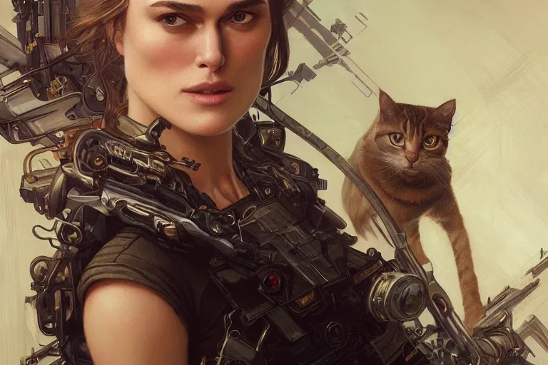 Prompt: Ultra realistic illustration, Keira Knightley and cat, cyberpunk, sci-fi, intricate, elegant, highly detailed, digital painting, artstation, concept art, smooth, sharp focus, illustration, art by artgerm and greg rutkowski and alphonse mucha