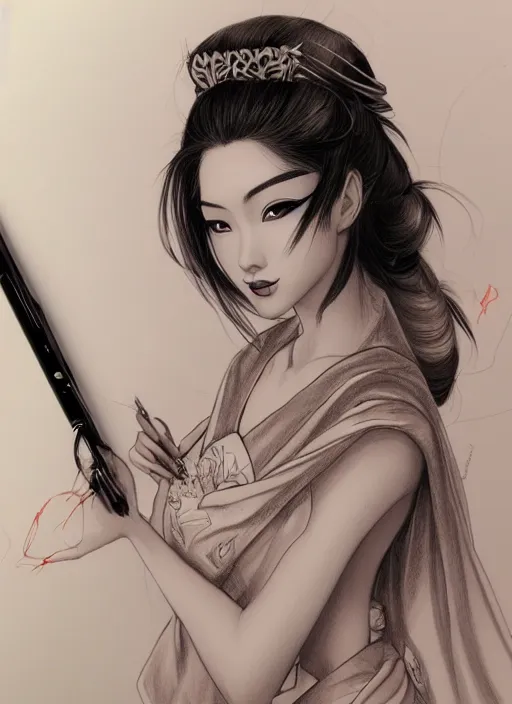 Prompt: a detailed hand drawn sketch of a stunning geisha princess, artgerm, NeoArtCorE, artstation