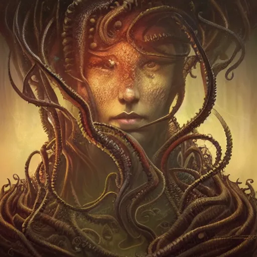 Prompt: curiosities from lovecraft botanical land, soft paint of a single curvy beautiful necromancer of madness and insanity in full mage armor, symmetry accurate features, horror, tentacles, dense volumetric fog, focus, very intricate ultrafine details, gloomy colors, award winning masterpiece, tom bagshaw artstyle