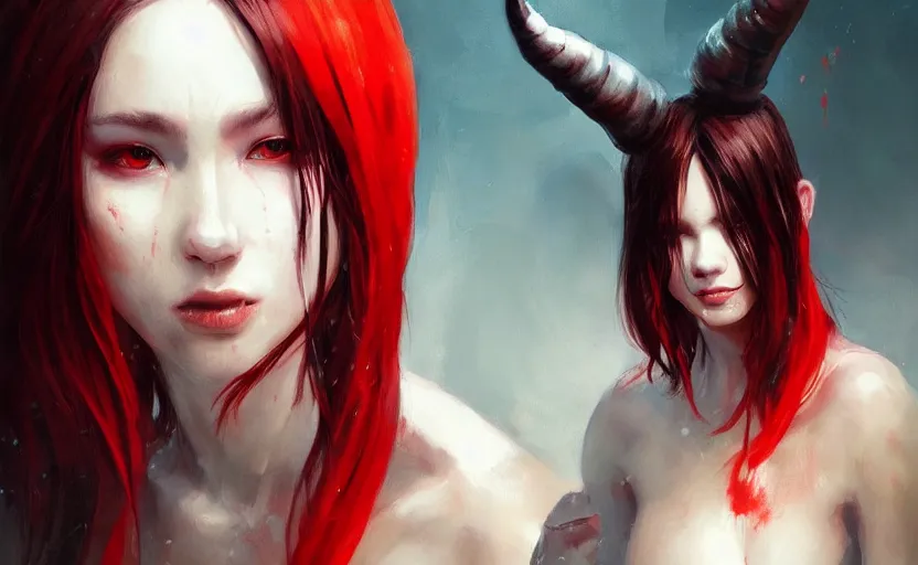 Image similar to a painting of aki trending on artstation in the style of greg rutkowski, beautiful, sensual, natural skin, red horns on head, long black hair