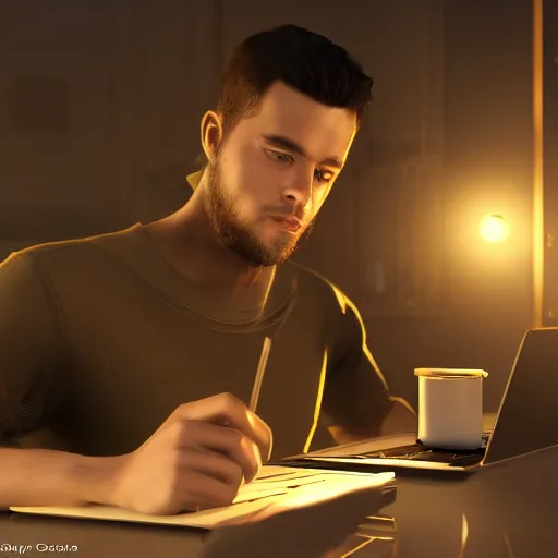 Prompt: Elite programmer expertly wrangling code late at night, intensely focused, coffee, highly detailed, sharp focus, smooth, cinematic lighting, realistic digital art, trending on artstation