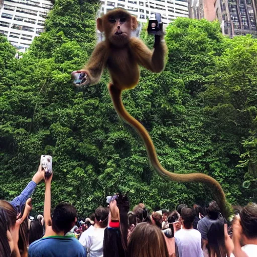 Prompt: monkey swinging across vines that hang from buildings in new york city high up, crowd of people with cell phones filming forming under the monkey, photo