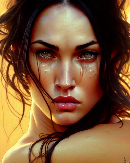 Image similar to portrait of megan fox crying, tears, weeping, intricate, headshot, highly detailed, digital painting, artstation, concept art, sharp focus, cinematic lighting, illustration, art by artgerm and greg rutkowski, alphonse mucha, cgsociety