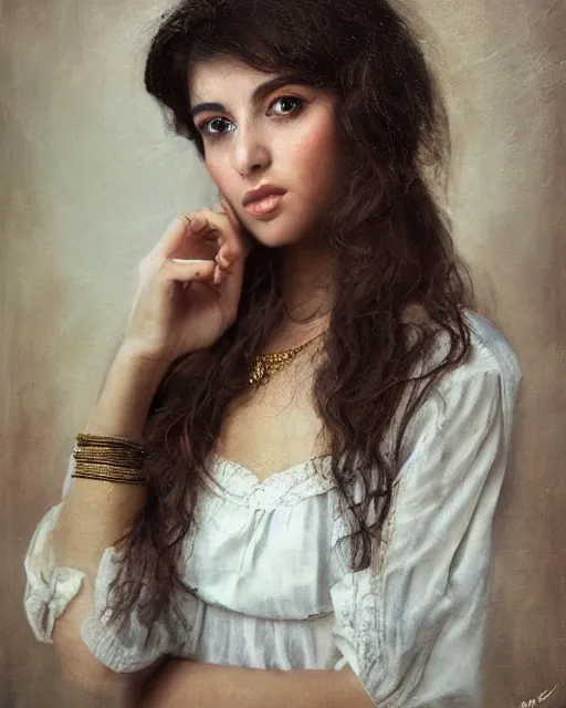 Image similar to a highly realistic, true to life portrait of a beautiful young middle eastern girl, soft focus, from the waist up, with sharp features, a beautiful face, soft smile, under studio lighting, taken with a canon eos camera with 1 3 5 mm focal length by karol bak, james jean, tom bagshaw, rococo, sharp focus, trending on artstation,