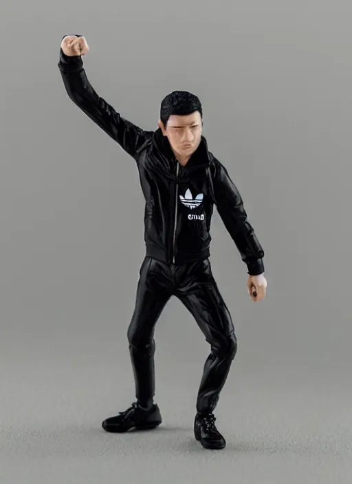 Prompt: 80mm resin detailed miniature of drunk man in black Adidas tracksuit holding knife, Product Introduction Photos, 4K, Full body