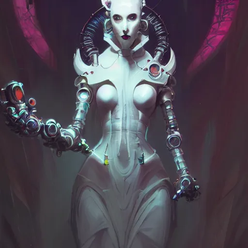 Image similar to a portrait of a cybernetic bride of dracula, cyberpunk concept art by pete mohrbacher and wlop and artgerm and josan gonzalez and syd mead, digital art, highly detailed, intricate, sci - fi, sharp focus, trending on artstation hq, deviantart, unreal engine 5, 4 k uhd image