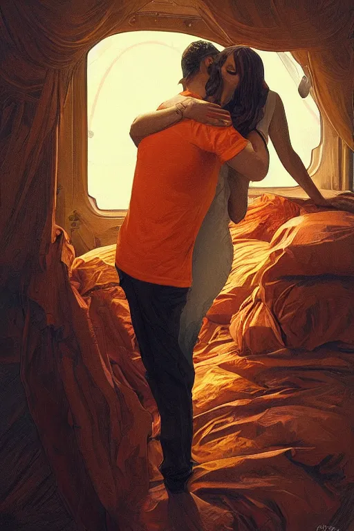 Image similar to portrait of tinfoil hat man in orange t - shirt hugging from behind his wife in a bed, feelings, romantic, fantasy, intricate, elegant, highly detailed, digital painting, artstation, concept art, smooth, sharp focus, illustration, art by artgerm and greg rutkowski and alphonse mucha