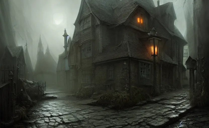 Image similar to extreme long shot concept art depicted an old english mystic town, dramatic mood, overcast mood, dark fantasy environment, art by tony sart and thornton oakley and darek zabrocki, trending on artstation, unreal engine, hyper - real movie shot