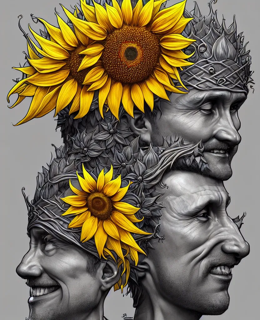 Image similar to digital art, centered full body of Putin smiling king, Sunflower crown, ,intricate, veins, by James Jean and by artgerm , by ross tran ultradetailed, charachter design, concept art, trending on artstation,