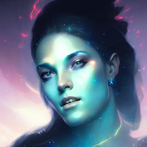 Prompt: a beautiful portrait of a cosmic goddess by Greg Rutkowski and Raymond Swanland, Trending on Artstation, nebula background, ultra realistic digital art