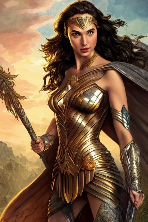 Prompt: Gal Gadot as the Queen of the Amazons, cute, fantasy, intricate, elegant, highly detailed, digital painting, 4k, HDR, concept art, smooth, sharp focus, illustration, art by artgerm and H R Giger and alphonse mucha