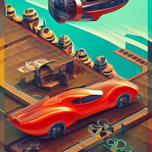 Prompt: isometric retro futuristic car ad by tyler edlin and petros afshar and christopher balaskas and marius borgeaud and kiliain eng, atomic age maximalist, art nouveau, well proportioned, highly detailed