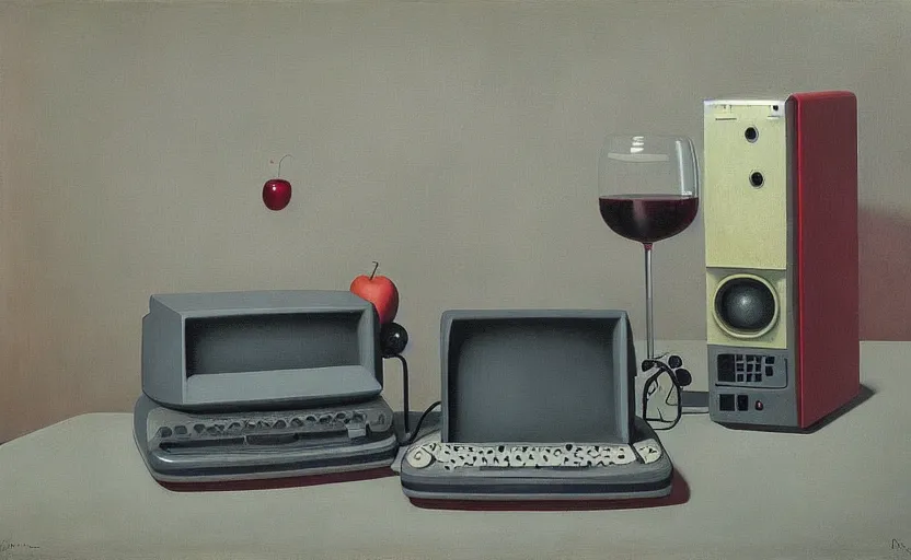 Image similar to an achingly beautiful still life featuring tillamook cheese, and red wine and an old computer by Raphael, Hopper, and Rene Magritte. detailed, romantic, enchanting, trending on artstation.