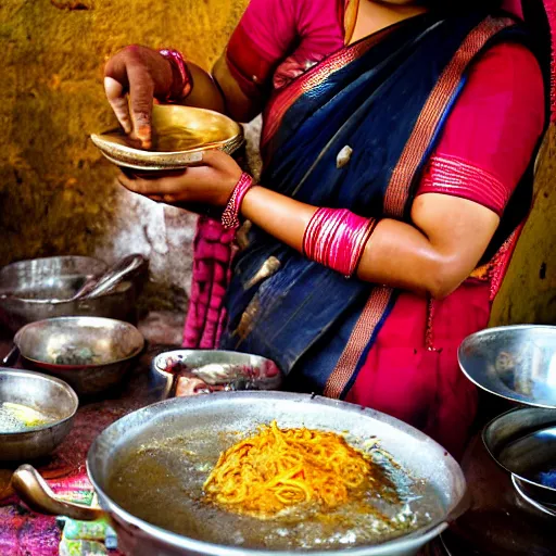 Prompt: A Bengali woman in a saree cooking at the stove while several Bengali dishes are served on the table beside her. The picture must be warm and rustic and nostalgic.