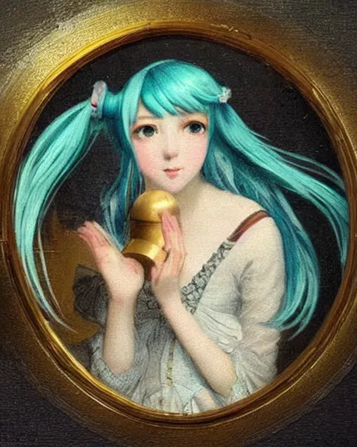 Prompt: 19th century romantic painting of hatsune miku, blue hair, golden ratio