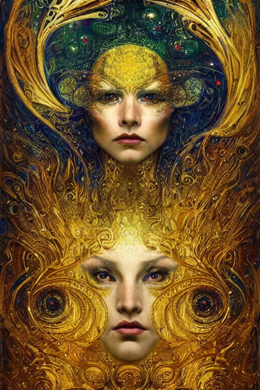 Image similar to Machinery of Fate by Karol Bak, Jean Deville, Gustav Klimt, and Vincent Van Gogh, otherworldly, fractal structures, ornate gilded medieval icon, third eye, spirals