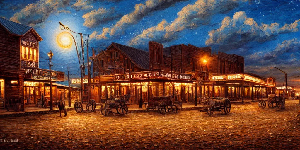 Prompt: oil painting of wild west small town, western, old west, nighttime, high production value, intricate details, high resolution, hyperrealistic, hdr, high definition, masterpiece, ultra realistic, highly detailed, hd, sharp focus, non blurry, sharp, smooth