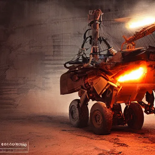 Image similar to wheelbarrow mecha, dark messy smoke - filled cluttered workshop, dark, dramatic lighting, orange tint, sparks, cinematic, highly detailed, sci - fi, futuristic, movie still