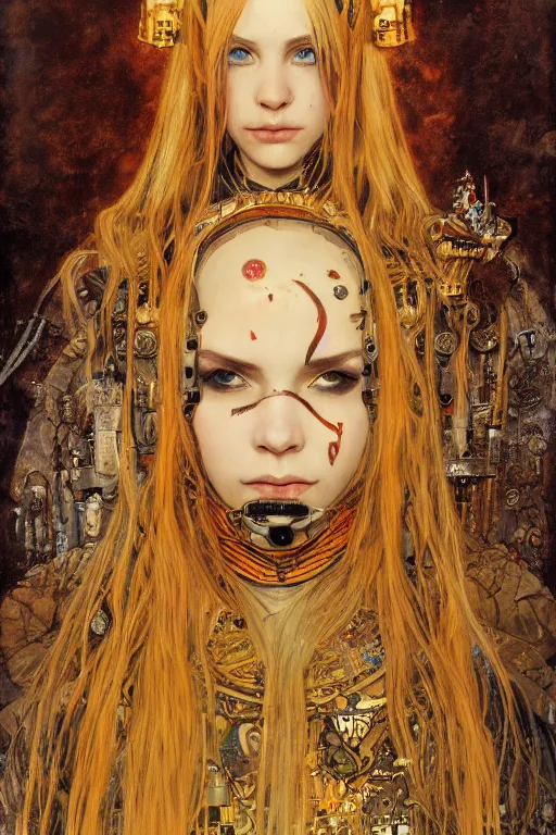 Image similar to portrait of beautiful young gothic sister of battle, cyberpunk, Warhammer, highly detailed, artstation, illustration, art by Gustav Klimt