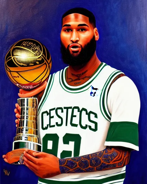 Image similar to portrait of demarcus cousins in boston celtics jersey, holding the larry o'brien trophy, oil on canvas by william sidney mount, champion, inspiring