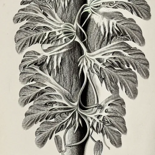 Prompt: ceropegia woodii scientific illustration by ernst haeckel