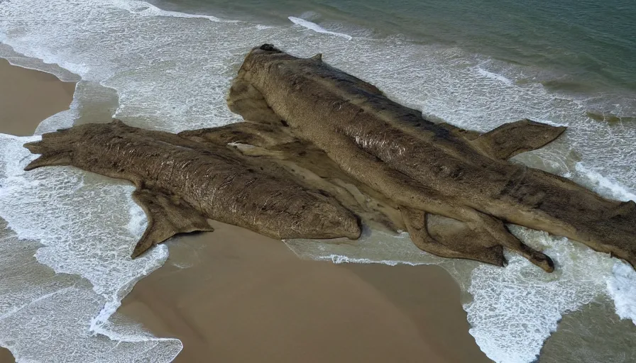 Image similar to CNN news footage taken from above. A huge creature is washed up on the beach.