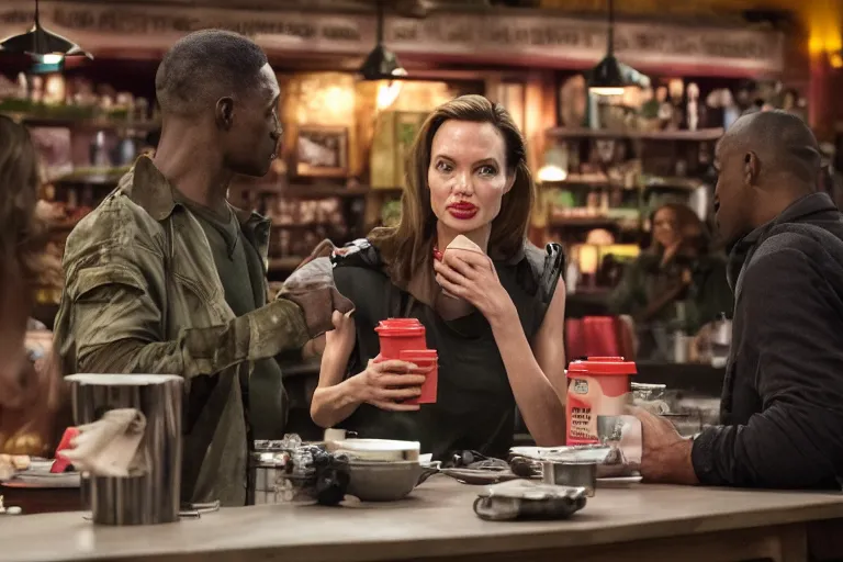 Prompt: The Predator (2018), Angelina Jolie, best friends, drinking coffee at central perk, still photo, hyperrealistic, 35mm, 8k, by weta digital