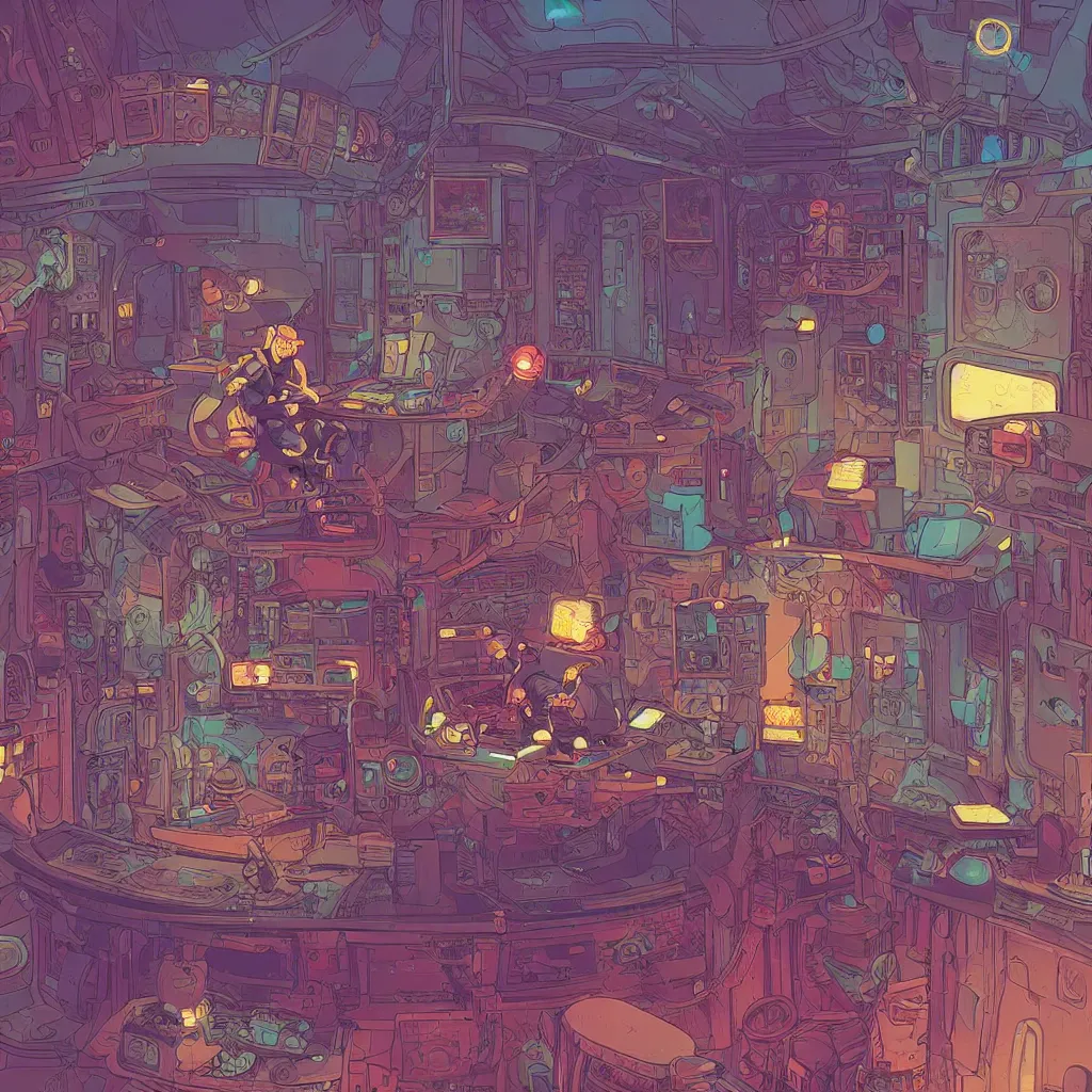 Prompt: Stunningly intricate illustration of an explorer playing video games in his treehouse, wearing cyberpunk headpiece, highly detailed, midnight, by Josan Gonzalez and James Gilleard , Moebius, Laurie Greasley