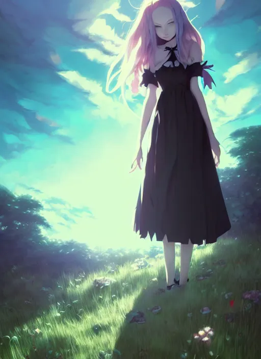 Image similar to portrait of gothic alice from wonderland, cloudy sky background lush landscape illustration concept art anime key visual trending pixiv fanbox by wlop and greg rutkowski and makoto shinkai and studio ghibli