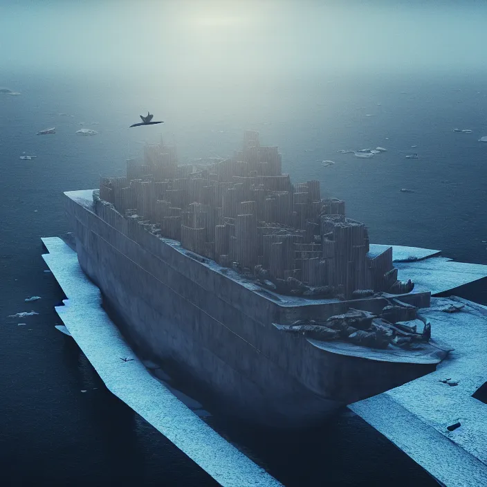 Image similar to a little bird's flight over an enormous gigantic steel ship - shaped fortress - city sailing across an icy cold ocean. masterpiece, cinematic, hyperdetailed, photorealistic, hyperrealism, octane rendering, depth of field, bokeh, architecture, shadows, aerial view