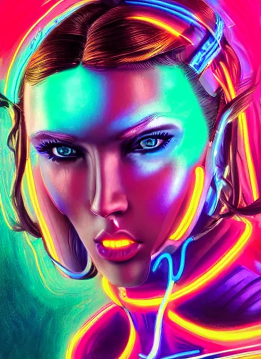 Image similar to gorgeous android woman facial portrait dressed in an aerobic sci - fi outfit of the eighties with neon colors and head band, retro, beautiful lights, vintage look, depth of field, hyper realistic, illustration, airbrush, 8 k, intricate, duo tone, art by david la chapelle and philip castle, artgerm