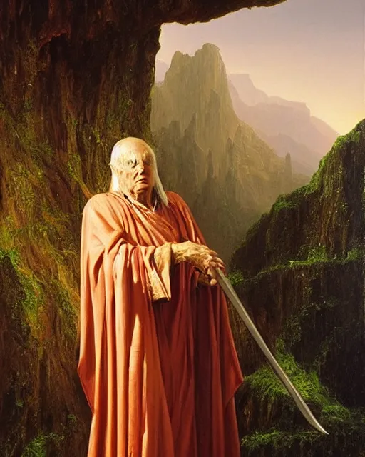 Image similar to A lawful good dnd wizard, he wears robes. Award winning oil painting by Thomas Cole and Wayne Barlowe. Highly detailed