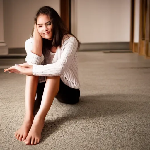 Prompt: a woman sitting with her feet facing the camera