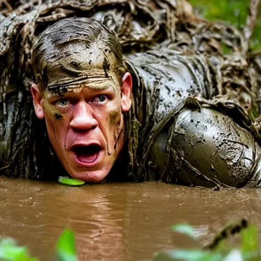 Prompt: film still of john cena as major dutch, covered in mud and hiding, predator!!!!!!!! looks for him in swamp scene in 1 9 8 7 movie predator, hd, 8 k