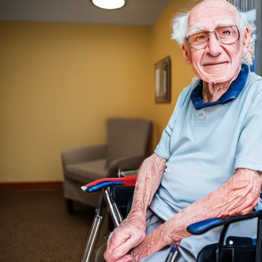 Image similar to elderly man with lightsaber in a nursing home, canon eos r 3, f / 1. 4, iso 2 0 0, 1 / 1 6 0 s, 8 k, raw, unedited, symmetrical balance, wide angle