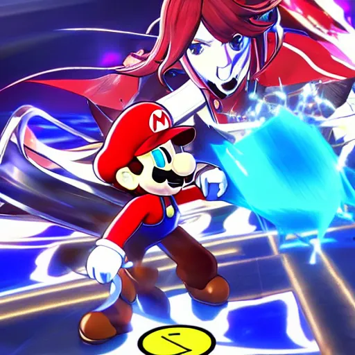 Prompt: mario, blazblue cross tag battle artwork