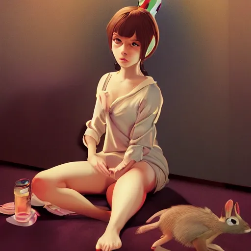 Image similar to little bunny girl in pajama. digital artwork made by ilya kuvshinov, inspired by zootopia and balthus, highly detailed, realistic,