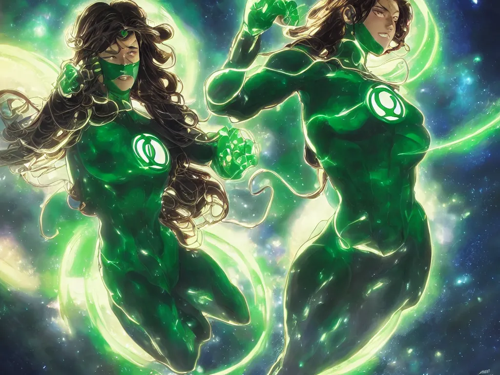 Image similar to anime key visual of one beautiful female green lantern, dc comics, power, hope, glowing, intricate, in space, stunning, highly detailed, digital painting, artstation, smooth, hard focus, illustration, art by artgerm and greg rutkowski and alphonse mucha