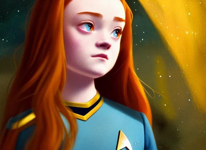 Image similar to a disney film still of sadie sink as a star trek officer, finely detailed features, closeup of the face, perfect art, dusk, blue hour, gapmoe yandere grimdark, trending on pixiv fanbox, painted by greg rutkowski, makoto shinkai, takashi takeuchi, alphonse mucha, akihiko yoshida