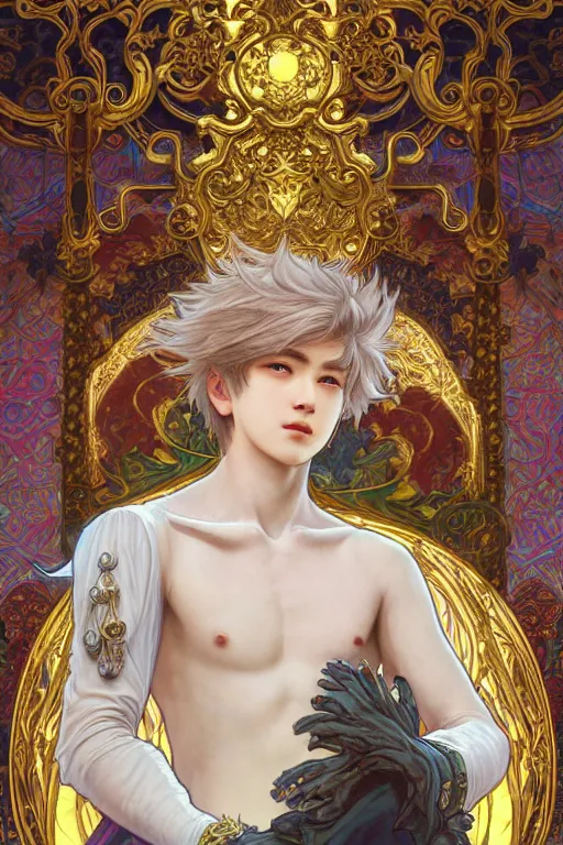 Prompt: fullbody portrait of a young male hero with strange hairs, soft smile, baroque cloth, luminous scene, final fantasy and legue of legends champion, by chengwei pan and alpfons mucha, gradient white to gold, in front of an iridescent magical building background, highly detailed portrait, digital painting, smooth, focus illustration