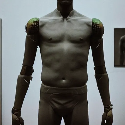 Image similar to “ a realistic detailed photo of a guy who is an attractive humanoid who is half robot and half humanoid, who is a male android, soccer player antoine griezmann, shiny skin, posing like a statue, blank stare, at the museum, on display ”