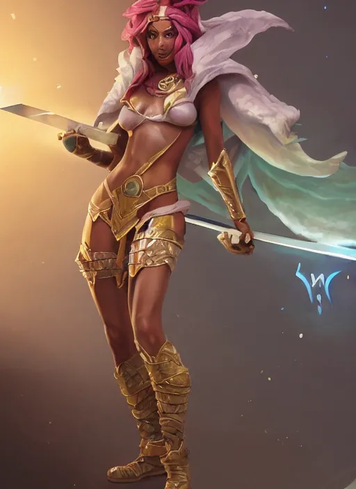 Image similar to qiyana holding a giant sword, from league of legends, au naturel, hyper detailed, digital art, trending in artstation, cinematic lighting, studio quality, smooth render, unreal engine 5 rendered, octane rendered, art style by klimt and nixeu and ian sprigger and wlop and krenz cushart